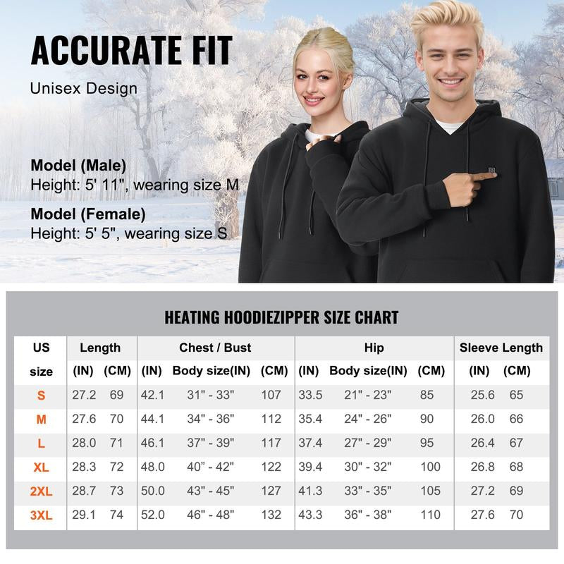 VEVOR Heated Hoodie Sweatshirt Unisex with Battery for Men & Women S-XXXL Size Black, Christmas Gift