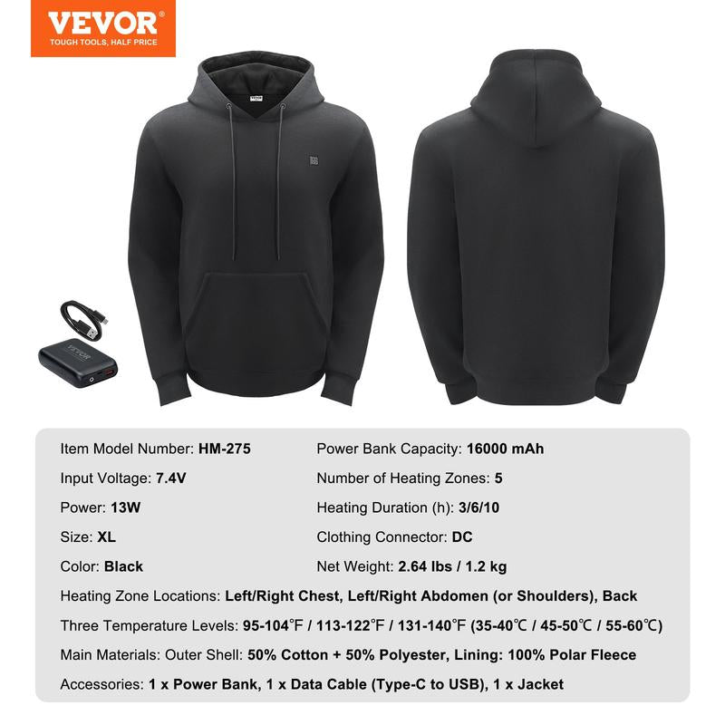 VEVOR Heated Hoodie Sweatshirt Unisex with Battery for Men & Women S-XXXL Size Black, Christmas Gift