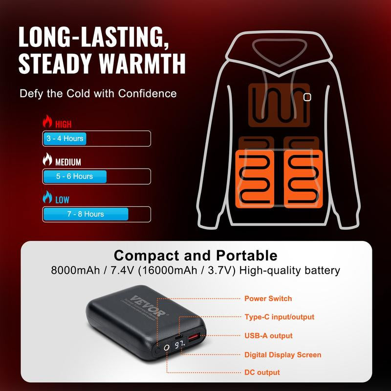 VEVOR Heated Hoodie Sweatshirt Unisex with Battery for Men & Women S-XXXL Size Black, Christmas Gift